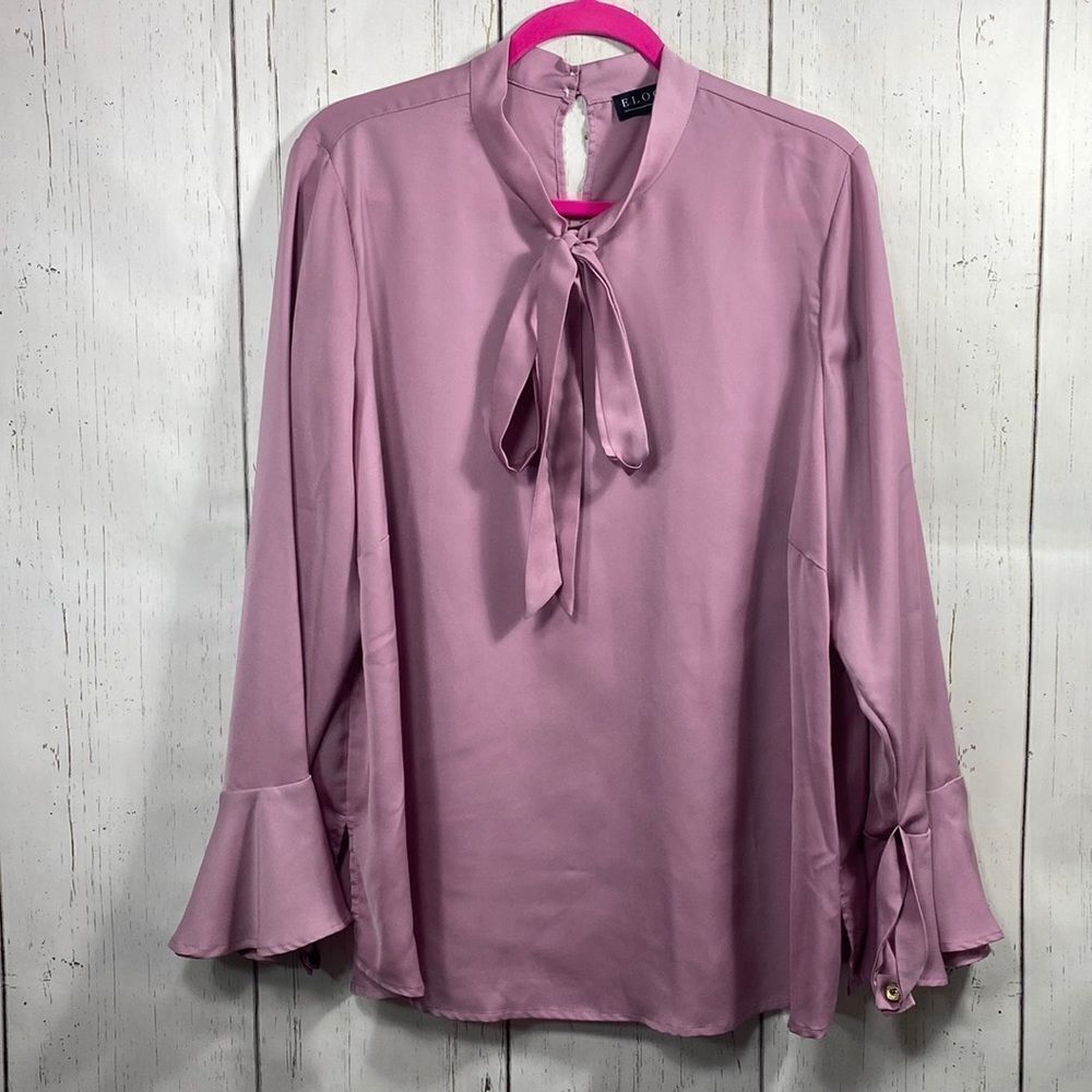 Eloquii Pink Satin Tie Neck Blouse Size 20 Plus Size Feminine Office Minimalist